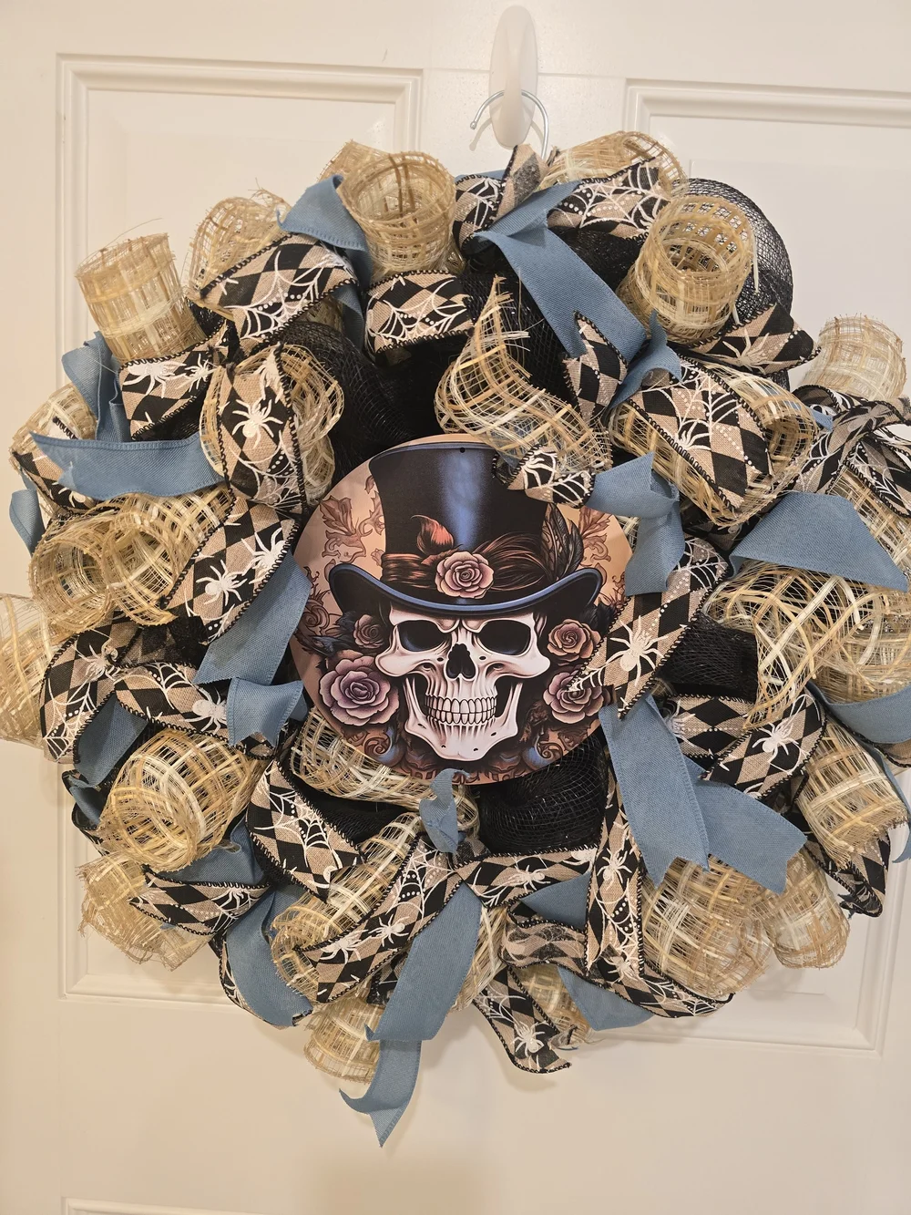Skull Top Hat Floral Wreath - Black, Tan, Blue Steampunk Halloween